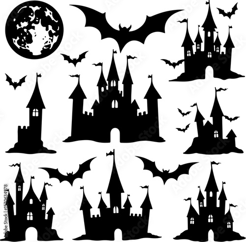 Halloween Spooky Castle and Bat Silhouettes vector