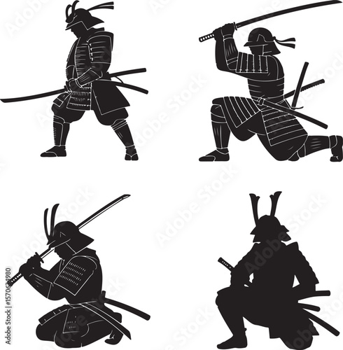 Set of Samurai silhouette vector illustration isolated On Transparent Background