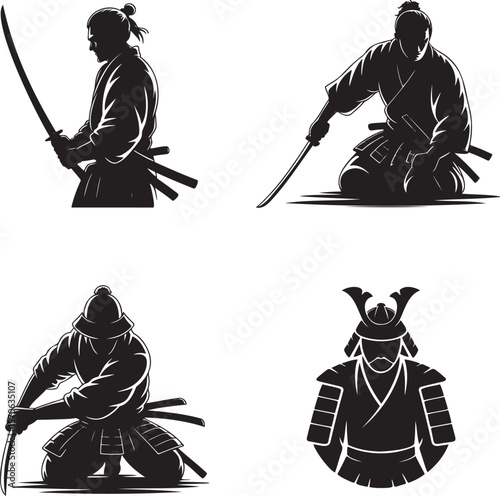 Set of Samurai silhouette vector illustration isolated On Transparent Background