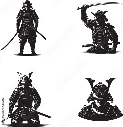 Set of Samurai silhouette vector illustration isolated On Transparent Background