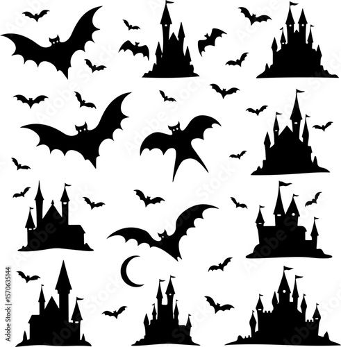Halloween Spooky Castle and Bat Silhouettes