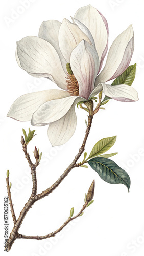 Watercolor Magnolia Bloom with Stem and Leaves on White Background