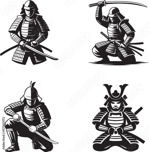 Set of Samurai silhouette vector illustration isolated On Transparent Background