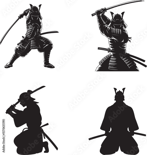 Set of Samurai silhouette vector illustration isolated On Transparent Background