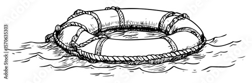 lifebuoy floating on water line art vector illustration