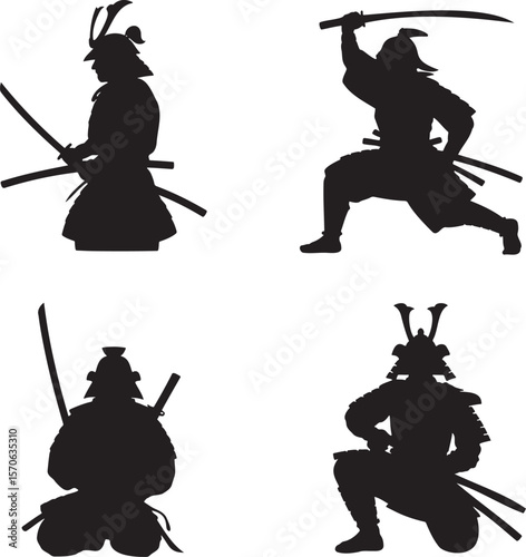 Set of Samurai silhouette vector illustration isolated On Transparent Background