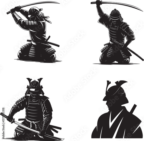 Set of Samurai silhouette vector illustration isolated On Transparent Background