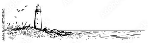 lighthouse on rocky coast line art vector illustration