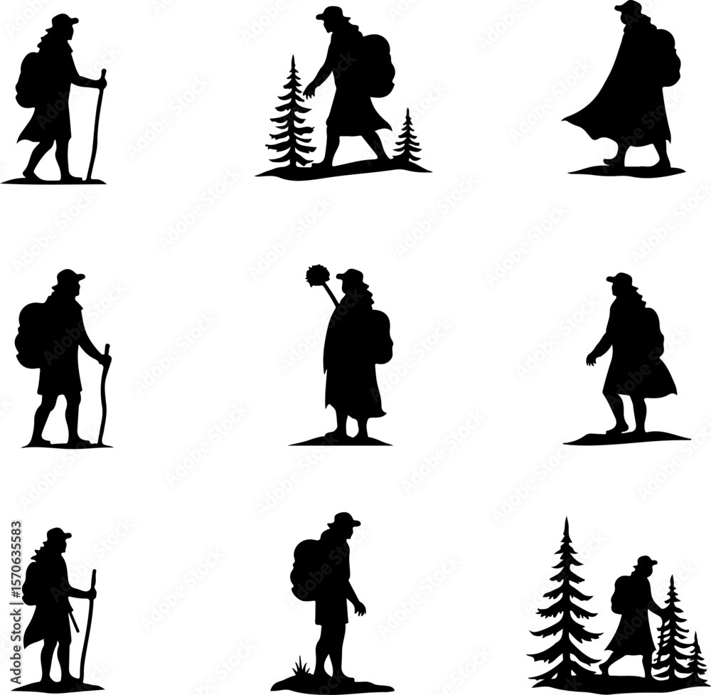 Obraz premium Hiker and Mountain Adventure Silhouette Set vector bundle