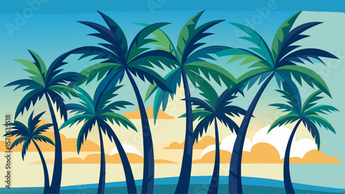 Vector illustration of vibrant palm trees sway against a colorful tropical sky with fluffy clouds