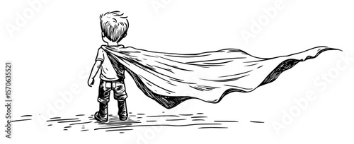 little boy superhero with flowing cape rear view illustration