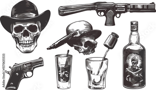 Monochrome Illustration of Skulls Guns and Alcohol on White Background