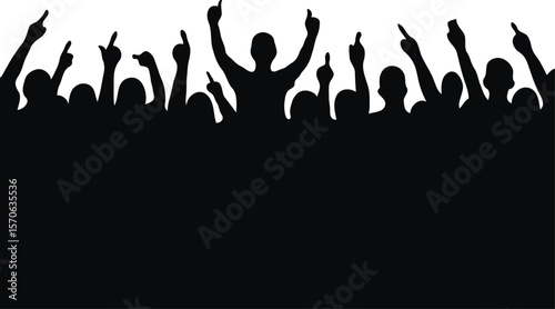 Silhouette Crowd Cheering Upward Pointing Hands, Concert, Celebration, Festival, Event