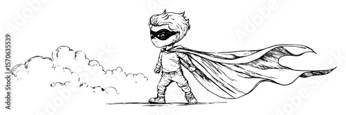 running masked boy superhero with cape dynamic illustration