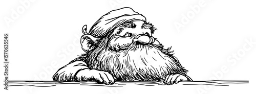 garden gnome head peeking over edge hand drawn illustration