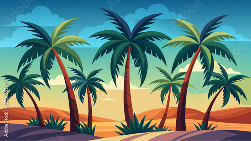 Vector illustration of vibrant palm trees sway under a colorful sky, evoking a tropical paradise