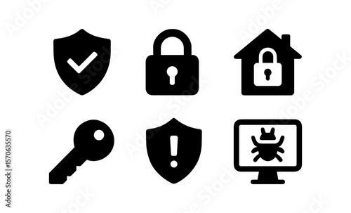 Cyber security icons: lock, shield, key, home lock, and virus monitor symbols