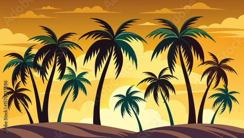 Vector illustration of vibrant sunset illuminates a tropical island paradise with silhouetted palm trees