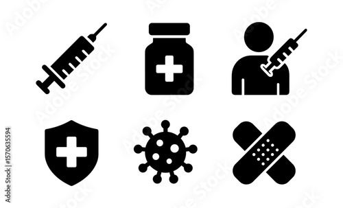 Medical icons: vaccine syringe, medicine bottle, health shield, virus, and bandage symbols