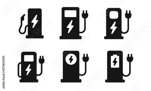 Electric vehicle charging station icons set with plug and lightning bolt symbols