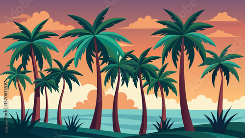 Vector illustration of vibrant palm trees line a tropical coastline at sunset with colorful clouds
