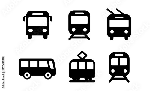 Collection of public transport icons: bus, tram, and train silhouettes