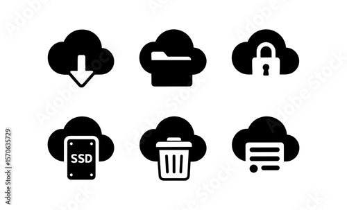 Cloud service icons: download, file, security, ssd, trash, and messaging symbols