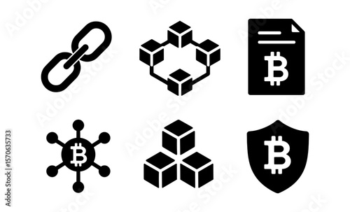 Blockchain technology icons set illustrating cryptocurrency and decentralized network concepts