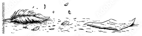 sketch style feather and paper on ground