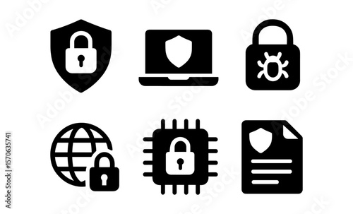 Cybersecurity icons set with lock, globe, shield, and laptop for digital protection