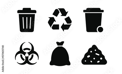 Waste management icons: recycling, trash bins, biohazard, garbage bag, compost