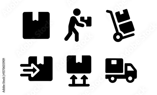 Black and white delivery icons featuring boxes, handcart, and truck