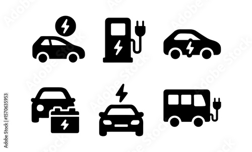 Electric vehicle icons set: charging, bus, car, battery, eco transport