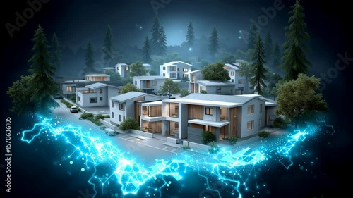 Modern residential neighborhood with illuminated houses, glowing digital energy, tall pine trees, and serene futuristic atmosphere at night