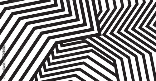 A striking monochrome image features a geometric array of contrasting black and white zigzag lines creating a visually dynamic and abstract design with sharp angles and directional movement