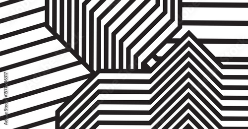 This striking black and white image showcases geometric patterns formed by bold lines, angles, and varied stripes, creating a high-contrast optical illusion with dynamic visual impact