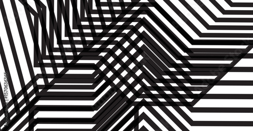 A dynamic interplay of black and white creates a compelling abstract composition with layered geometric patterns, featuring intersecting lines and angular shapes for a modern aesthetic appeal
