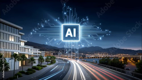 Artificial intelligence ai technology circuit chip glowing over futuristic cityscape night with light trails smart system innovation and advanced