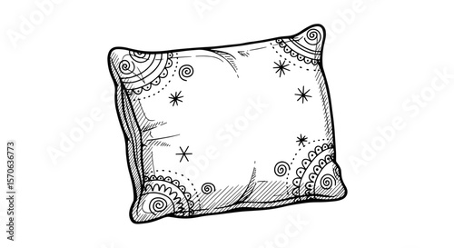 Vintage Decorative Ornamental Pillow Black Sketch on White Background

