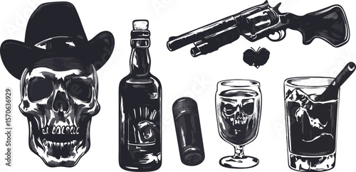 Monochrome Western Still Life with Skull Gun Whiskey and Cigar