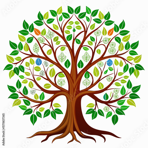 Vector illustration of stylized tree of life illustration with colorful leaves isolated on white background