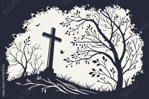black cross, monochrome, dark, minimalist, abstract, minimalistic, ink splatter, brush stroke, vector art