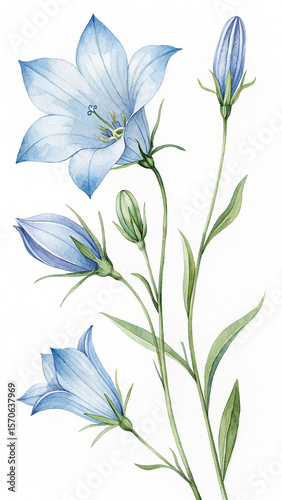 Watercolor Illustration of Blue Bellflowers with Buds and Green Leaves