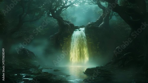 Wallpaper Mural Waterfall glowing with soft magical light in a dense forest of ancient twisted trees and mist Torontodigital.ca