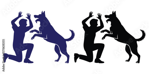 Vector art of a man training a dog, silhouettes in blue and black on white