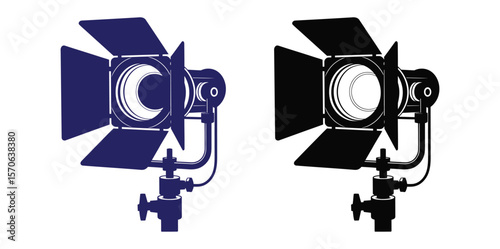 movie camera icon vector illustration.Vector flat of video camera.Vector art of a studio spotlight in blue and black on a white background