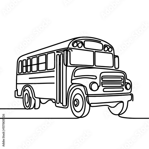 One-line drawing of a classic school bus, black and white, back to school and transportation concept