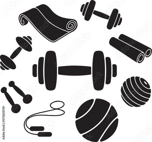 Fitness Equipment Icons Dumbbells, Yoga Mat, Jump Rope, Exercise Ball