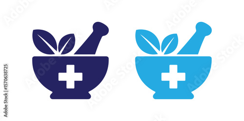 pharmaceutical symbol design, suitable for medical themes and can be used as an icon / logo..Vector art of a mortar and pestle with herbs for natural medicine preparation