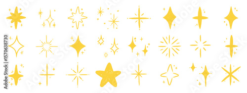 Pastel crayon star shapes. Childish doodle stars and spark elements with soft brush texture. Kids sketch vector collection.